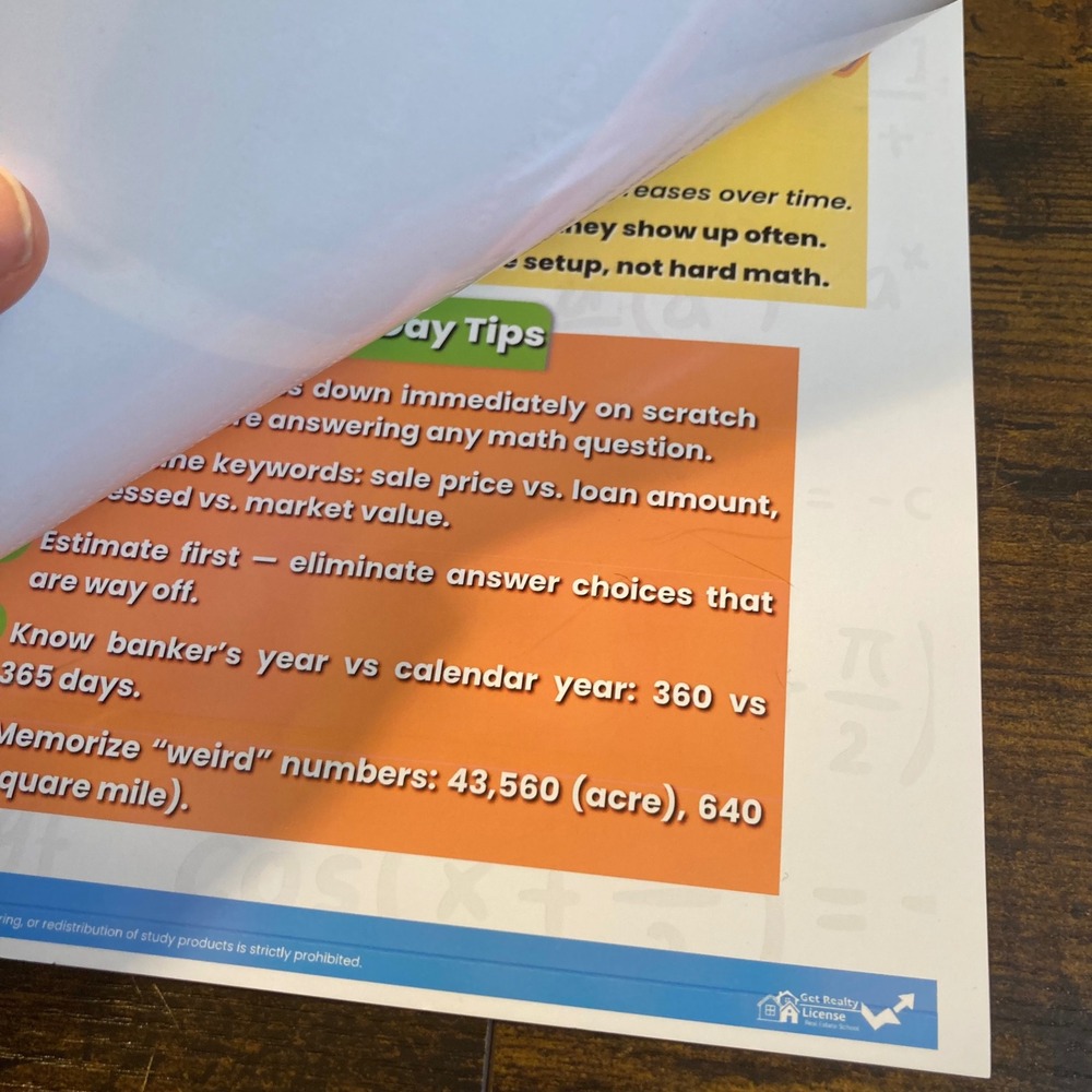 Real Estate Math Cheat Sheet Laminated Study Guide Get Realty License Formulas - Picture 3 of 3